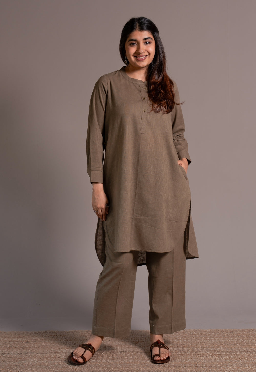Khaki Grey Solid Slub Cotton Straight Co-Ord Set - DyeVerse