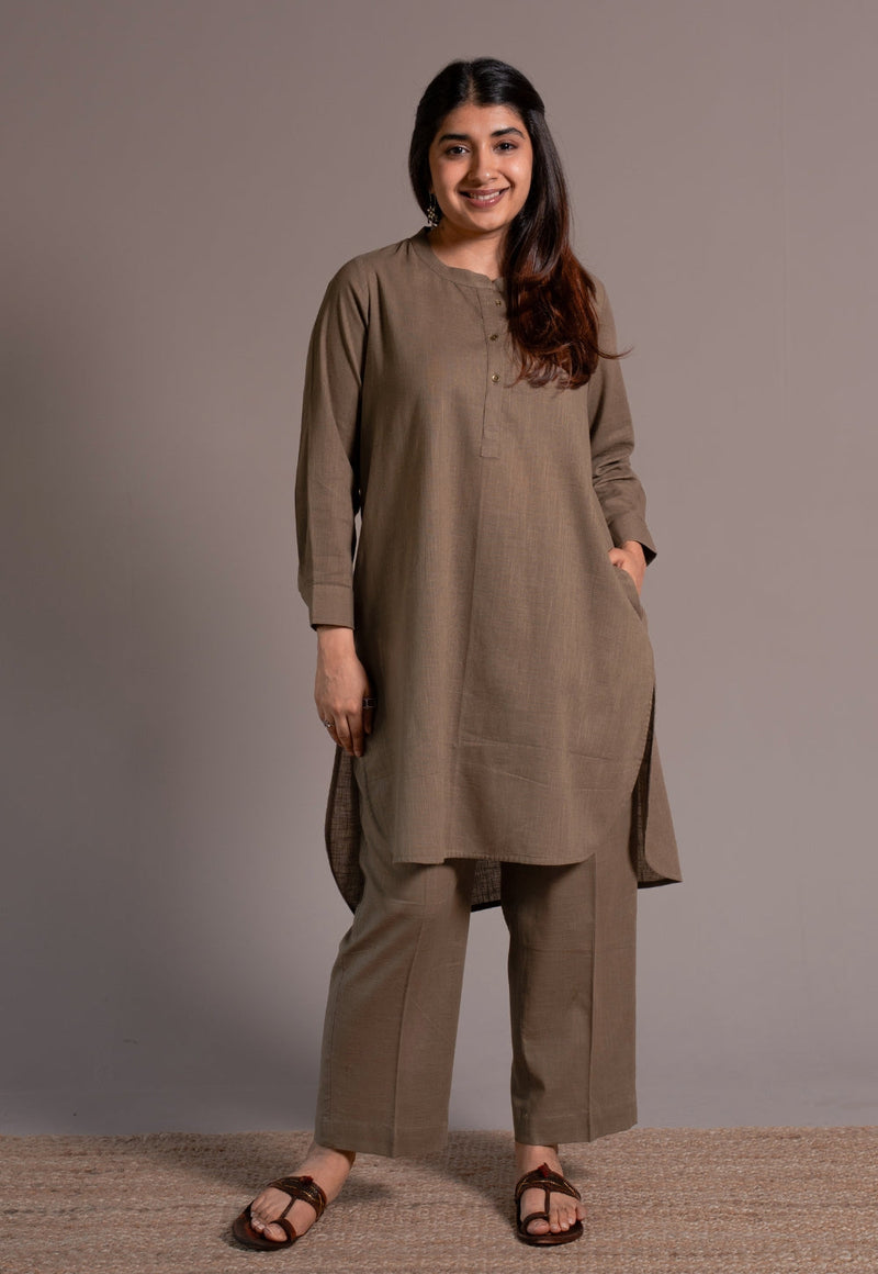 Khaki Grey Solid Slub Cotton Straight Co-Ord Set - DyeVerse