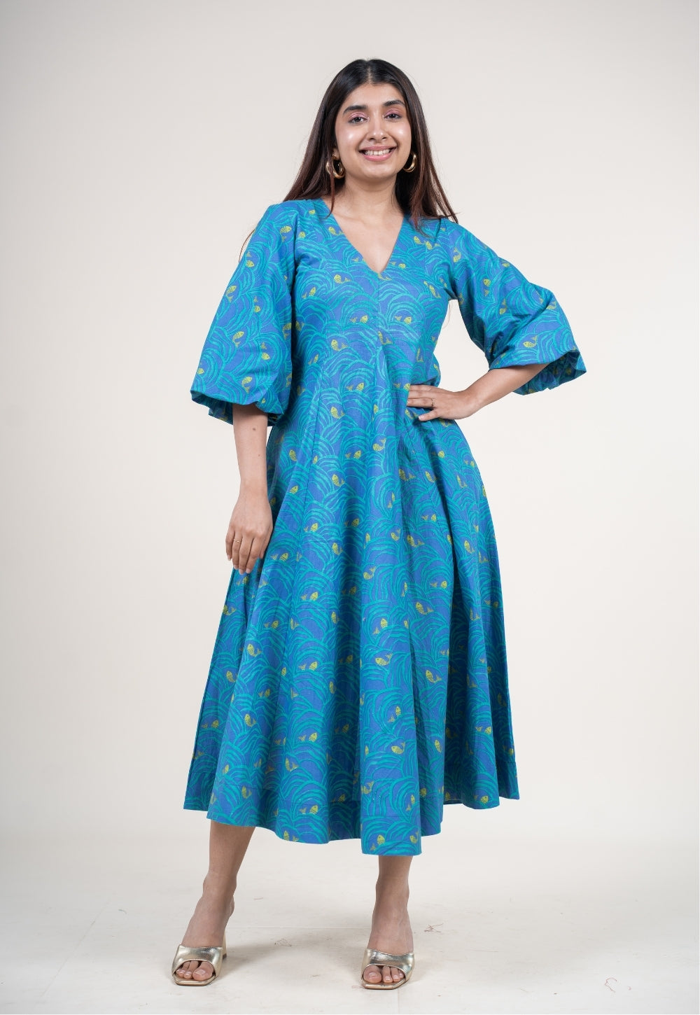 Tanisha Ink Blue Printed Cotton A Line Dress