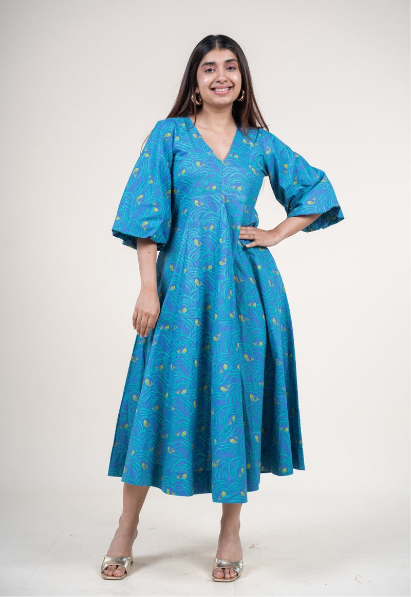 Tanisha Ink Blue Printed Cotton A Line Dress