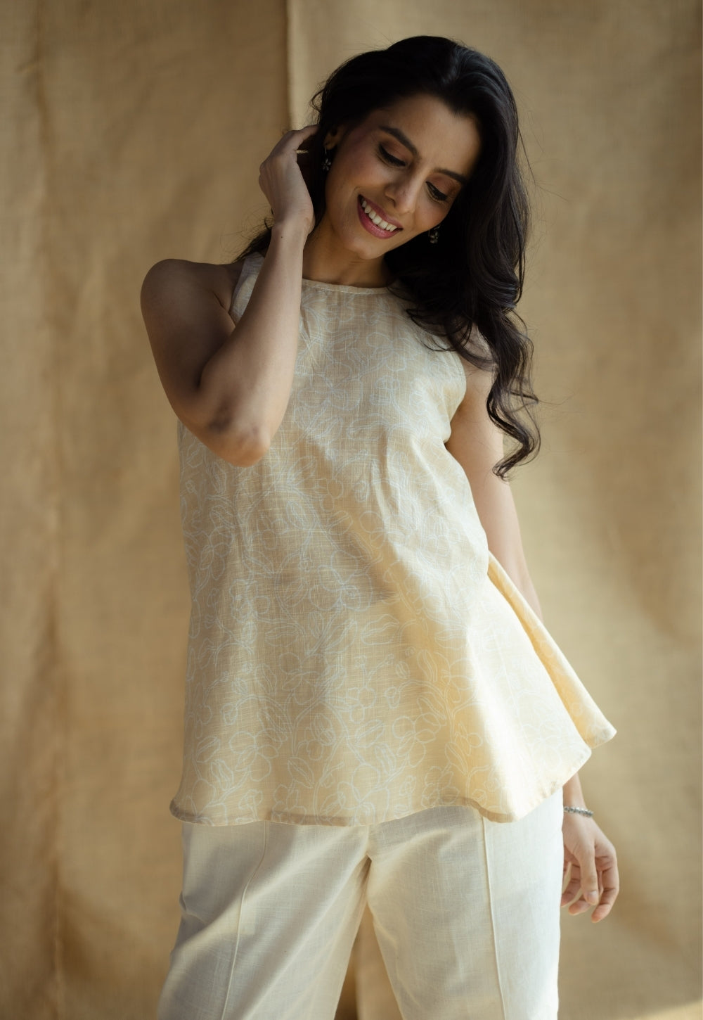 Parveen Cream Hand Block Print Slub Cotton A Line Short Top with Hand Embroidery