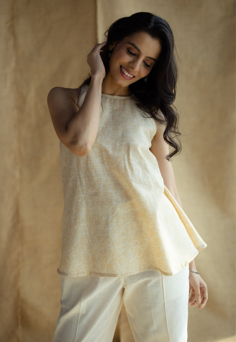Parveen Cream Hand Block Print Slub Cotton A Line Short Top with Hand Embroidery