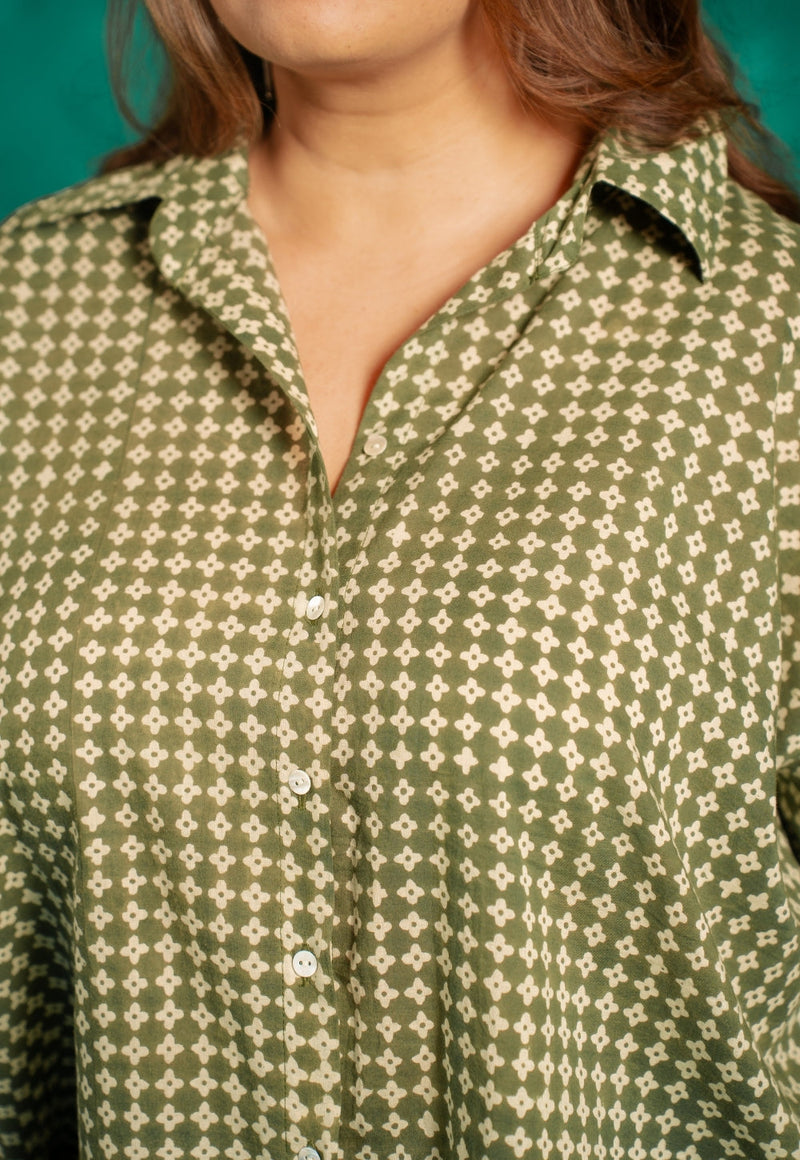 Ruhi Green Bagru Cotton Straight Shirt