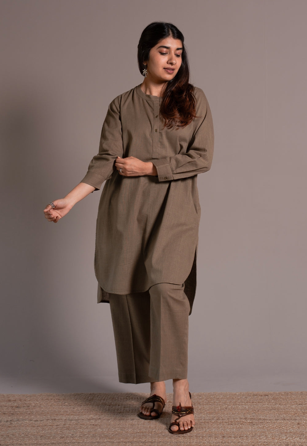 Khaki Grey Solid Slub Cotton Straight Co-Ord Set - DyeVerse