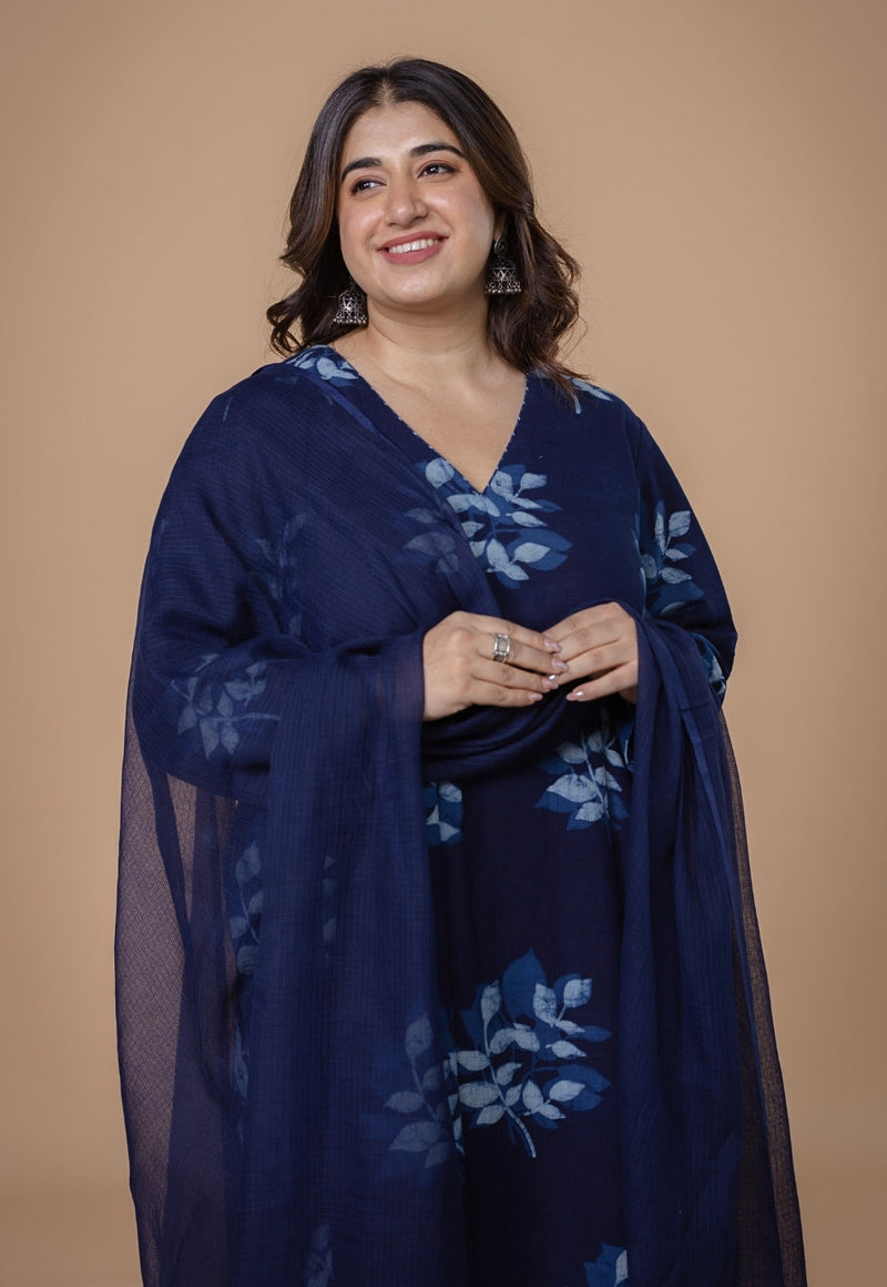 Shrusti Blue Dabu Slub Cotton A Line Kurta