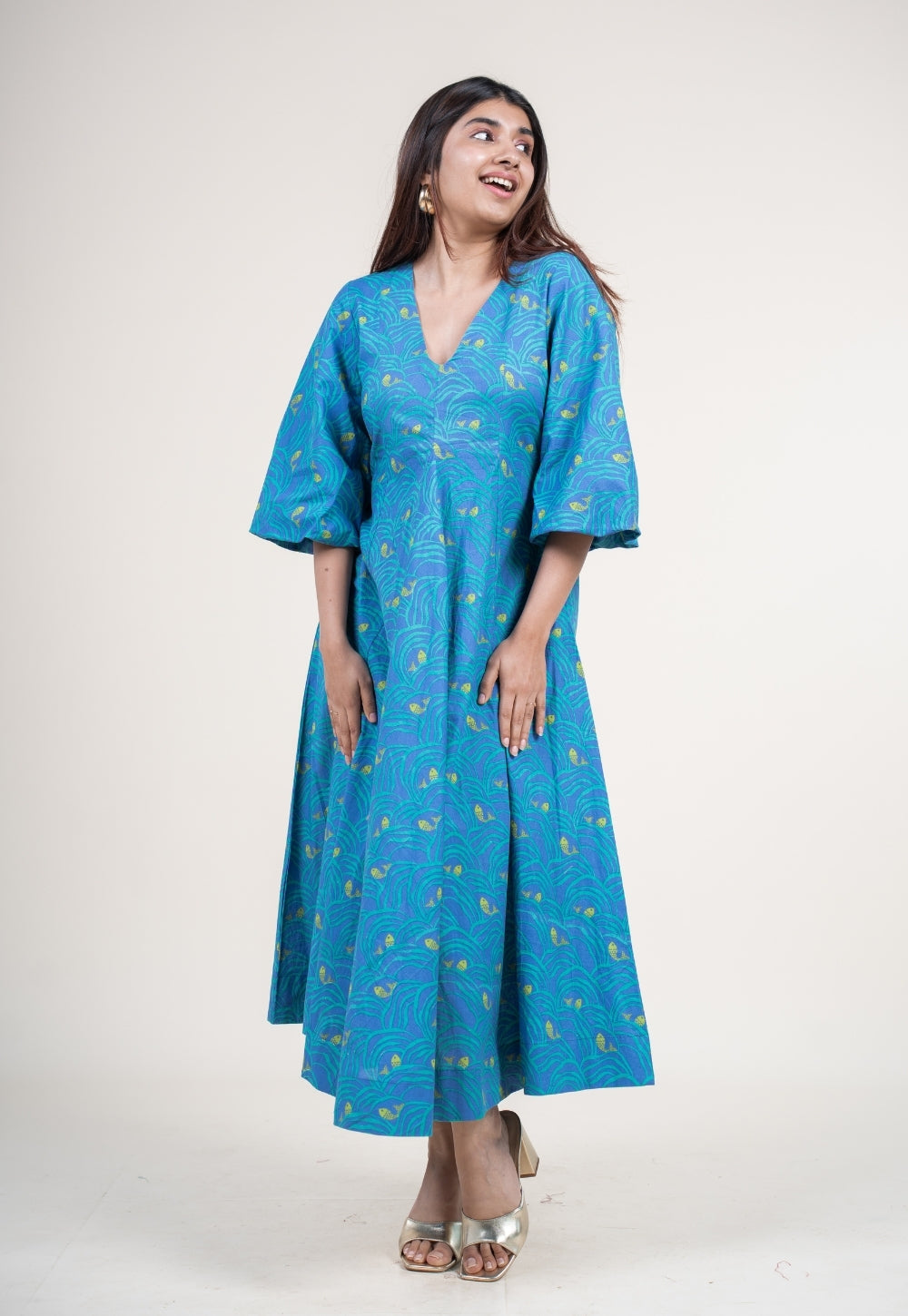 Tanisha Ink Blue Printed Cotton A Line Dress