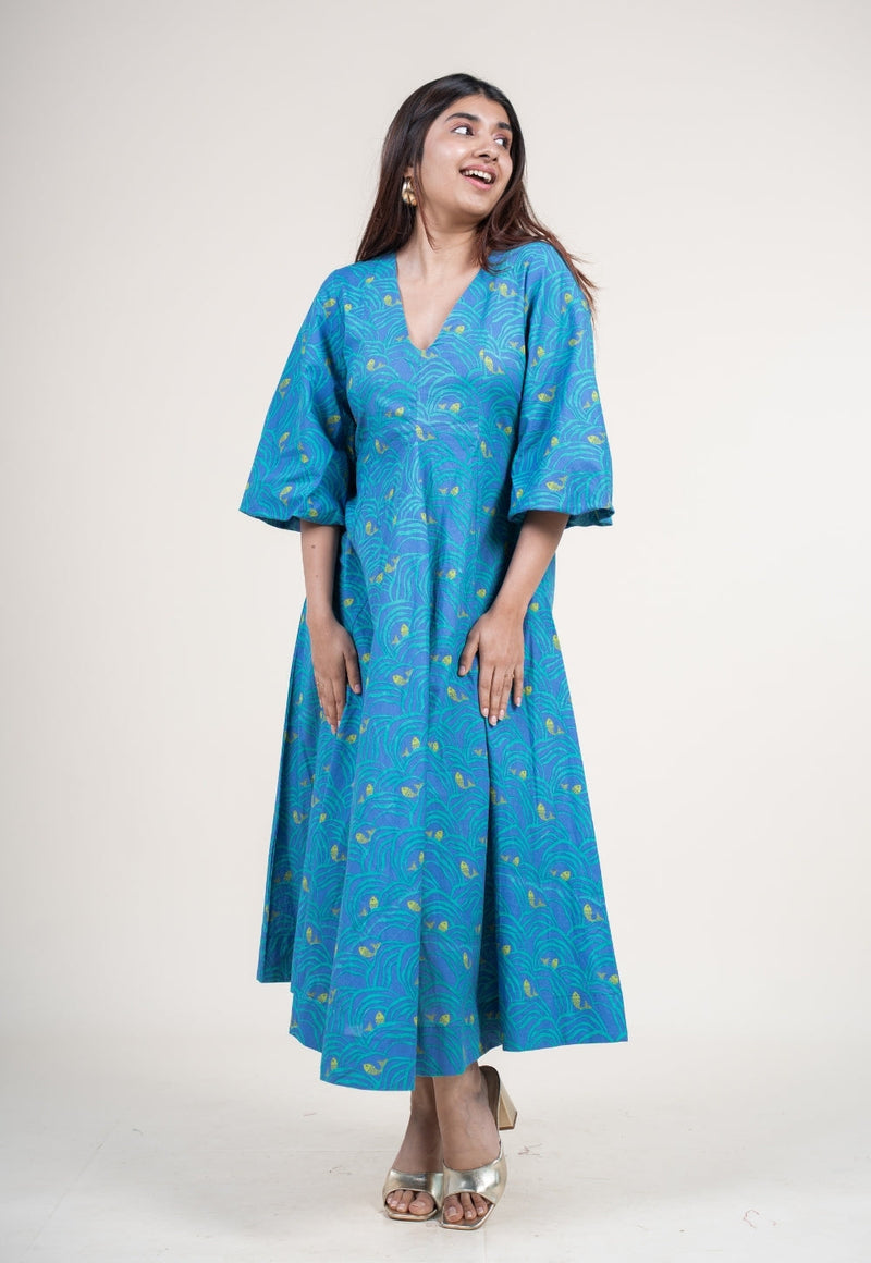 Tanisha Ink Blue Printed Cotton A Line Dress