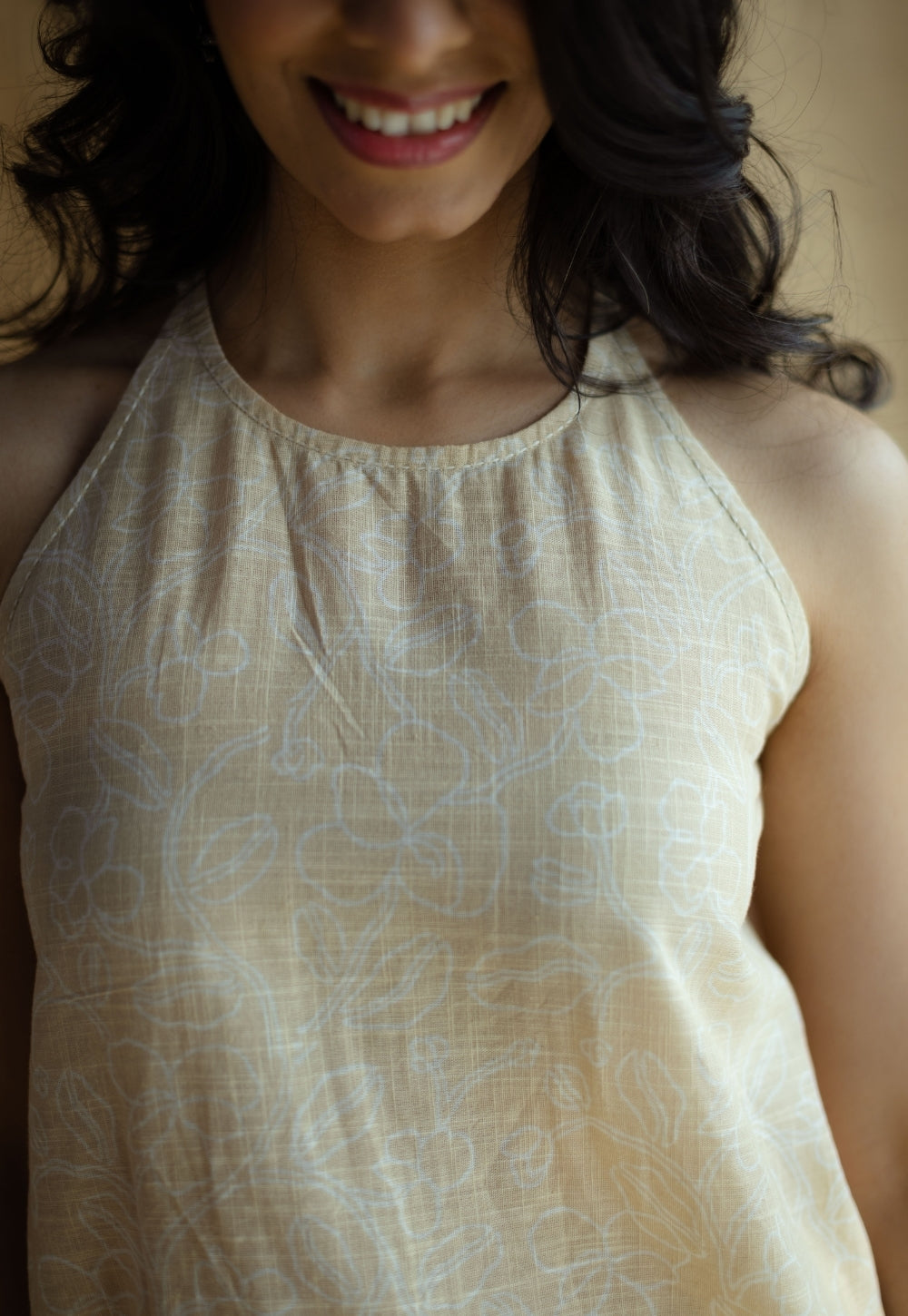 Parveen Cream Hand Block Print Slub Cotton A Line Short Top with Hand Embroidery
