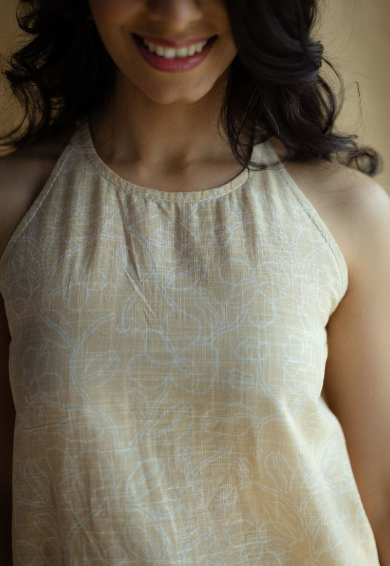 Parveen Cream Hand Block Print Slub Cotton A Line Short Top with Hand Embroidery