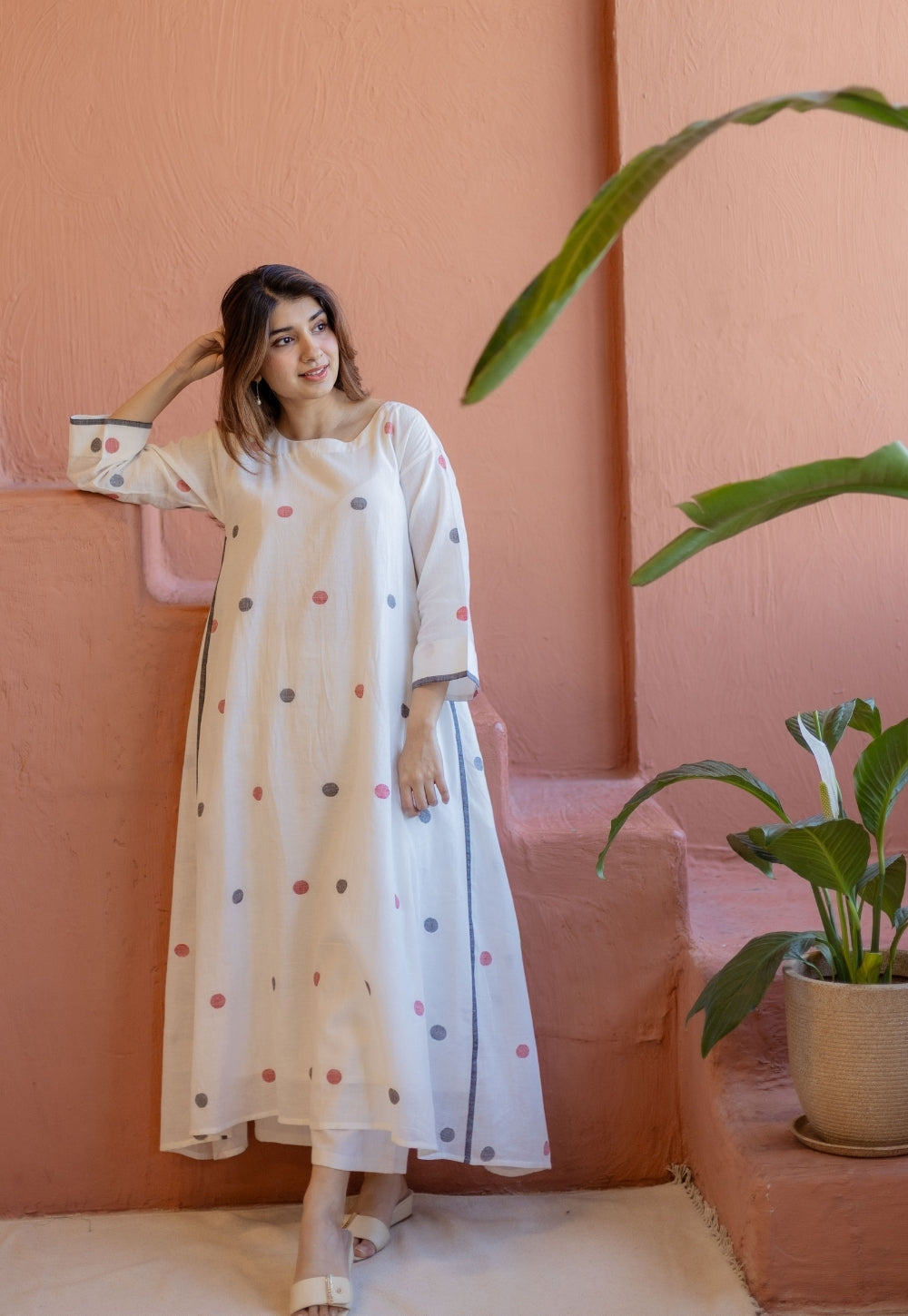 Jiya White Jamdani Handloom Cotton A Line Kurta
