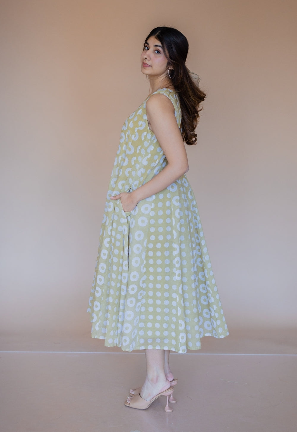 Seher Green Batik MulMul Kali Dress with Slip