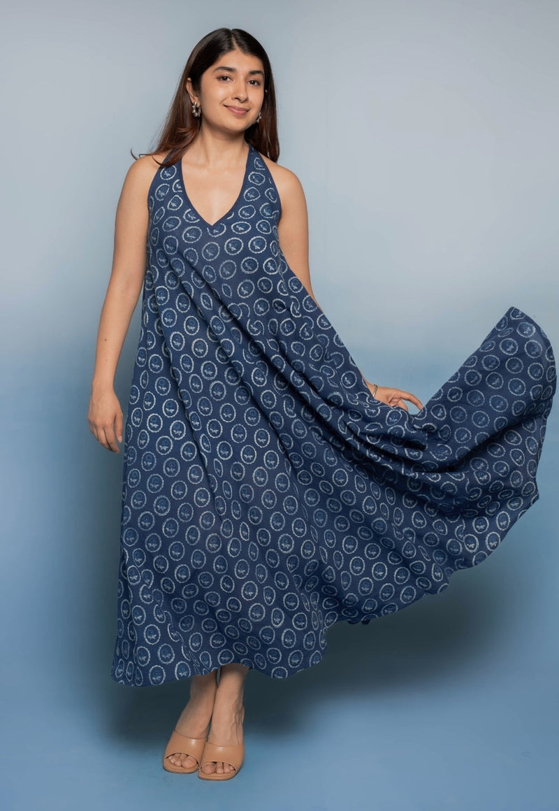Tashi Blue Dabu Mul Cotton A Line Dress