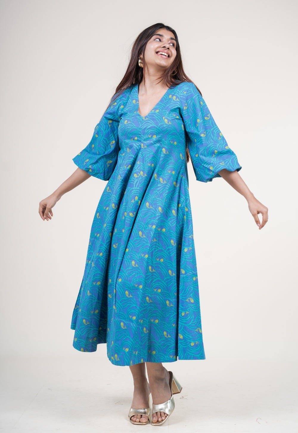 Tanisha Ink Blue Printed Cotton A Line Dress