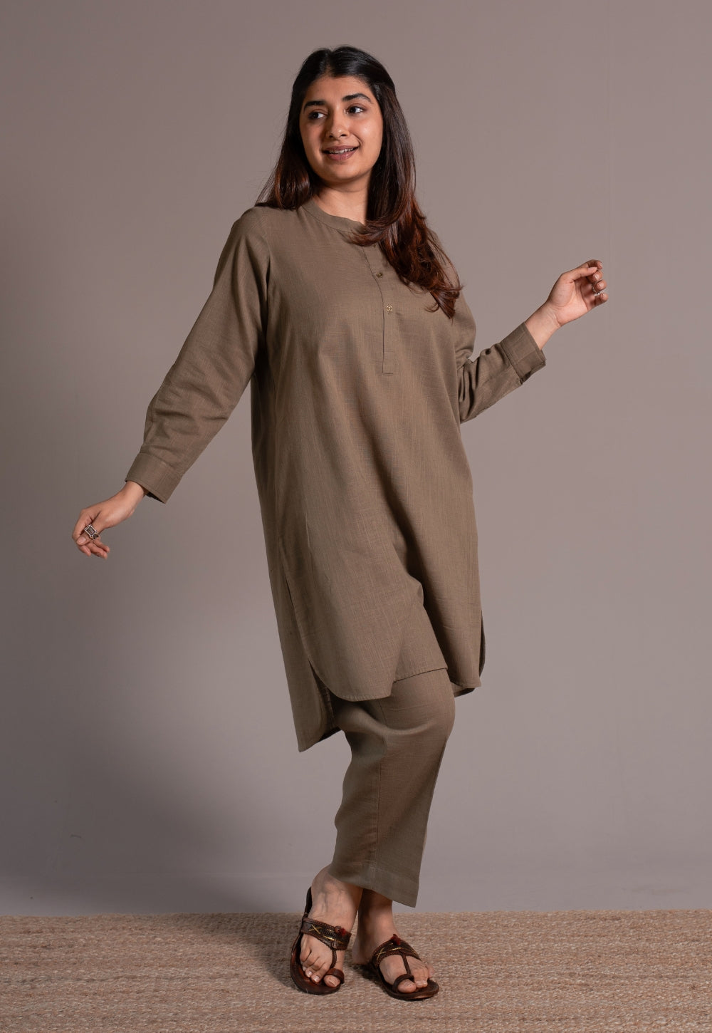 Khaki Grey Solid Slub Cotton Straight Co-Ord Set - DyeVerse