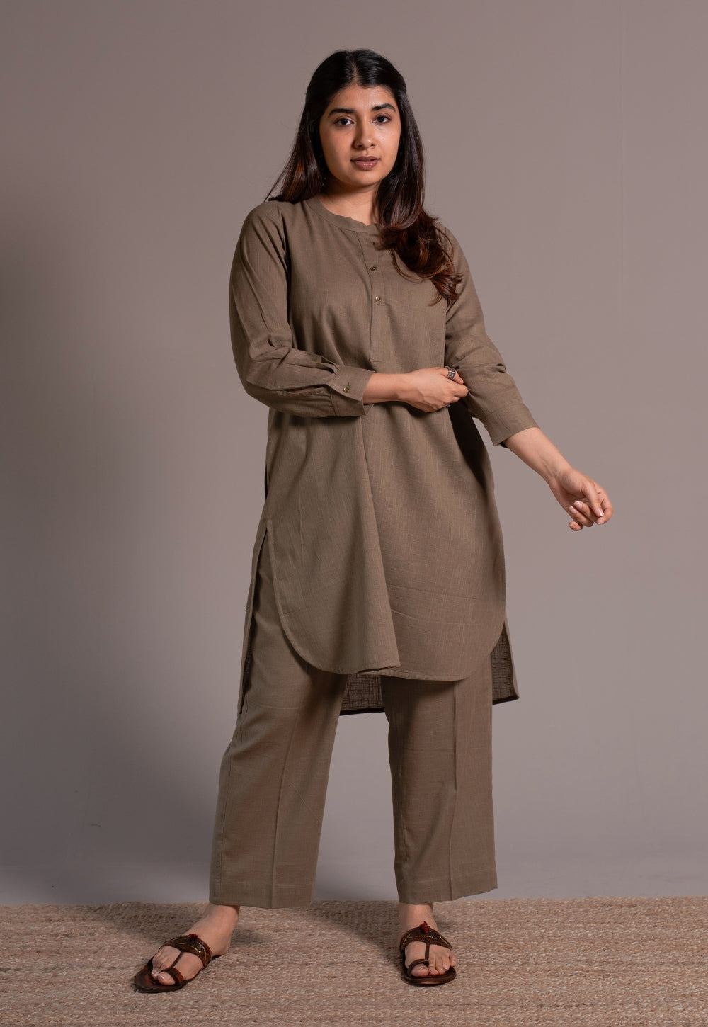 Khaki Grey Solid Slub Cotton Straight Co-Ord Set - DyeVerse