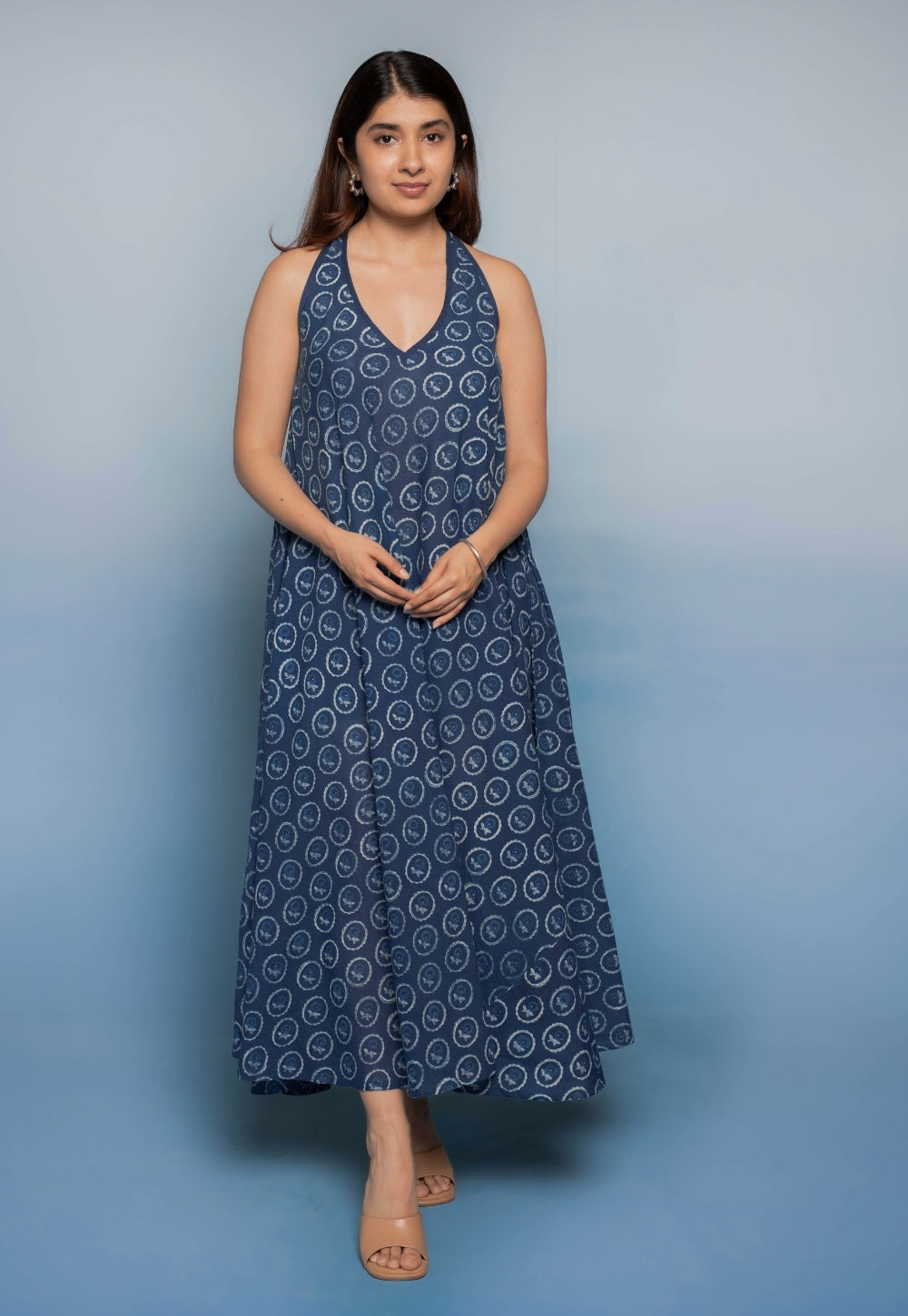 Tashi Blue Dabu Mul Cotton A Line Dress