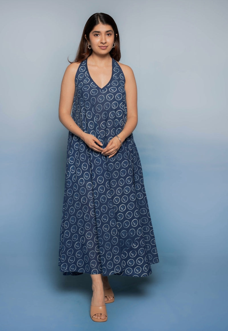 Tashi Blue Dabu Mul Cotton A Line Dress