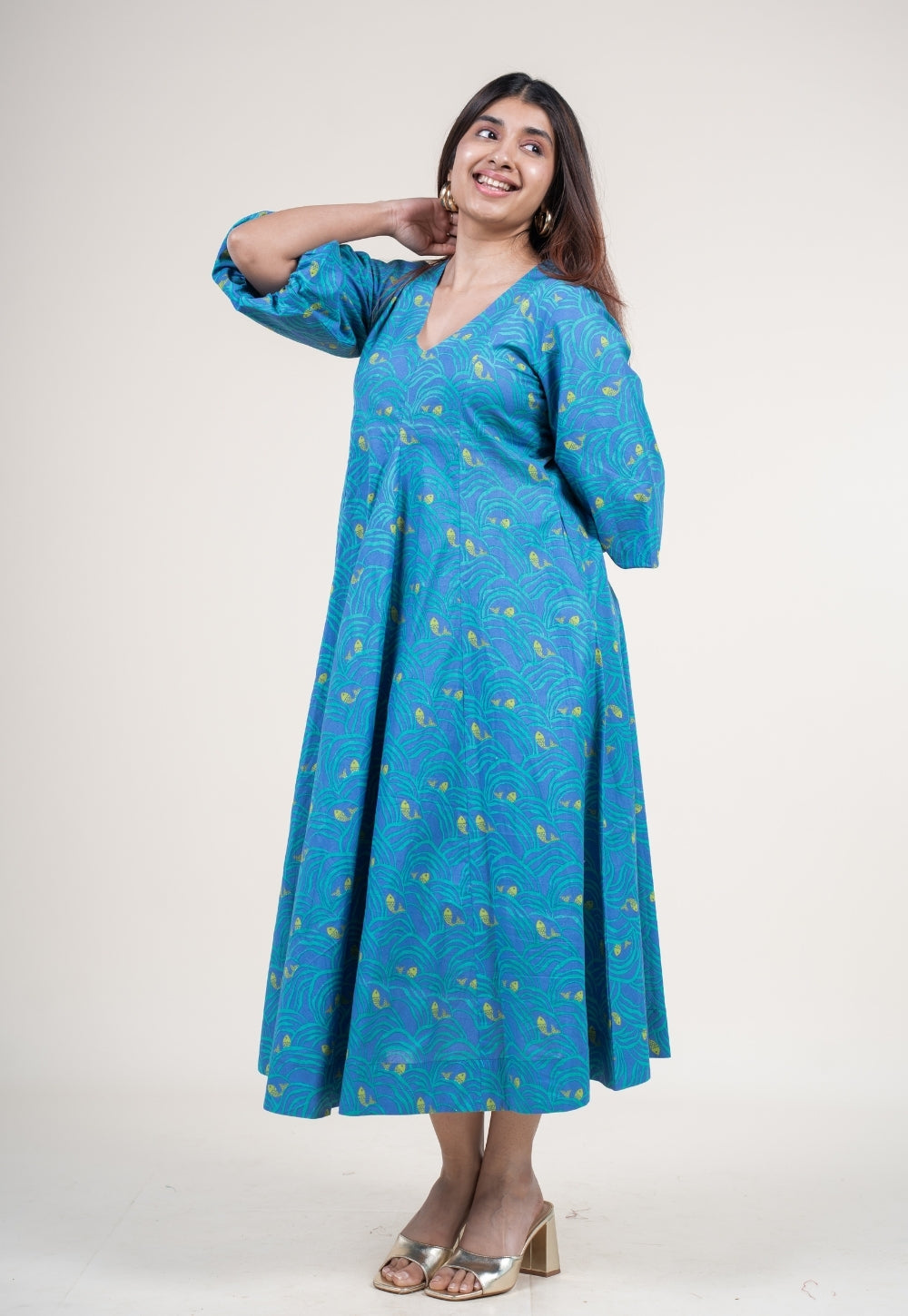 Tanisha Ink Blue Printed Cotton A Line Dress