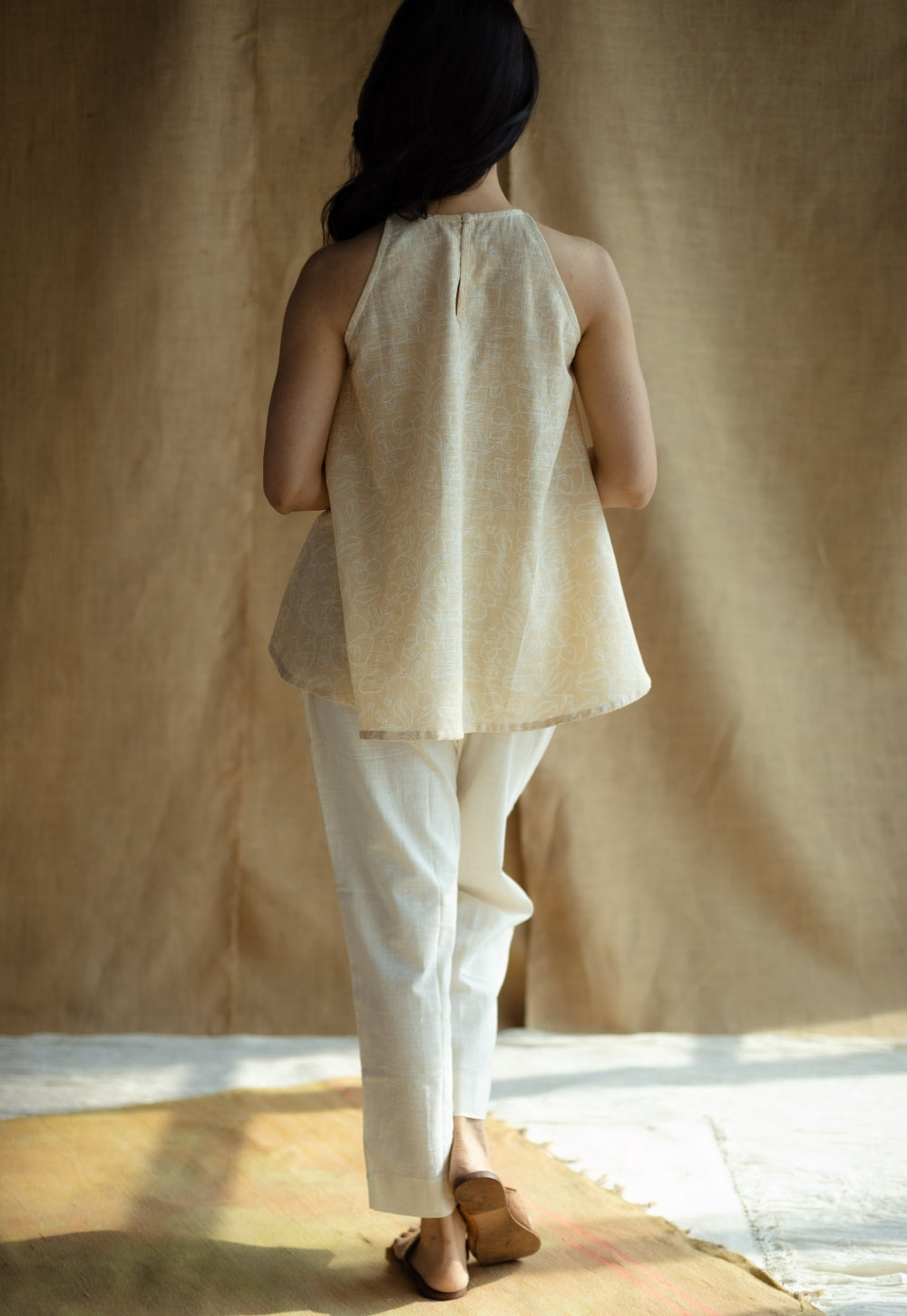 Parveen Cream Hand Block Print Slub Cotton A Line Short Top with Hand Embroidery