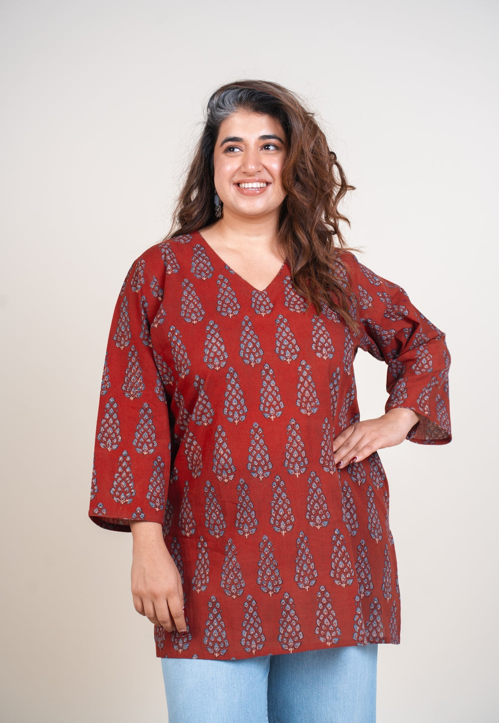 Sahar Red Ajrakh Cotton Straight Short Top