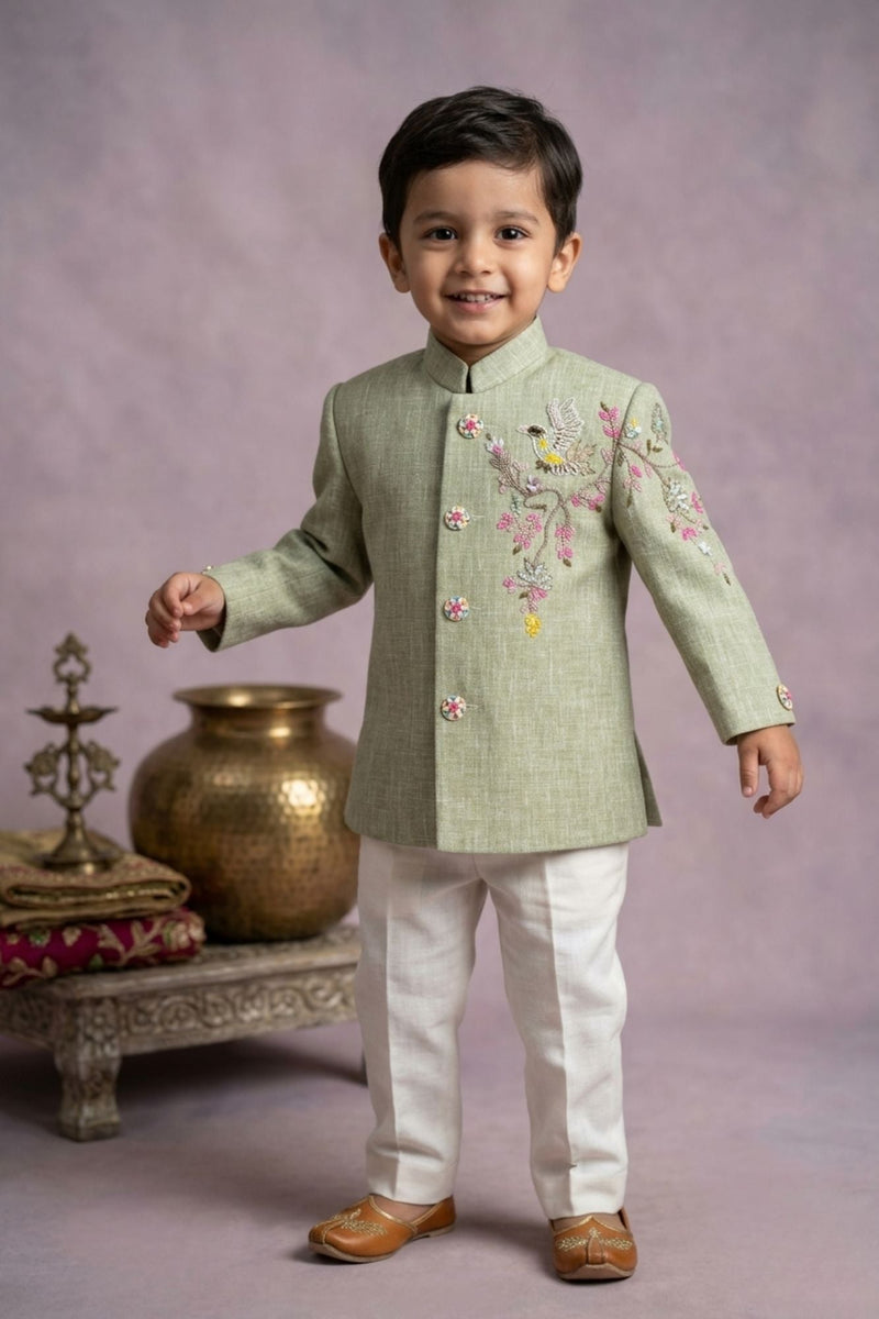 Pista Green Jodhpuri Suit With Bird Embroidery And Floral Detailing For Boys