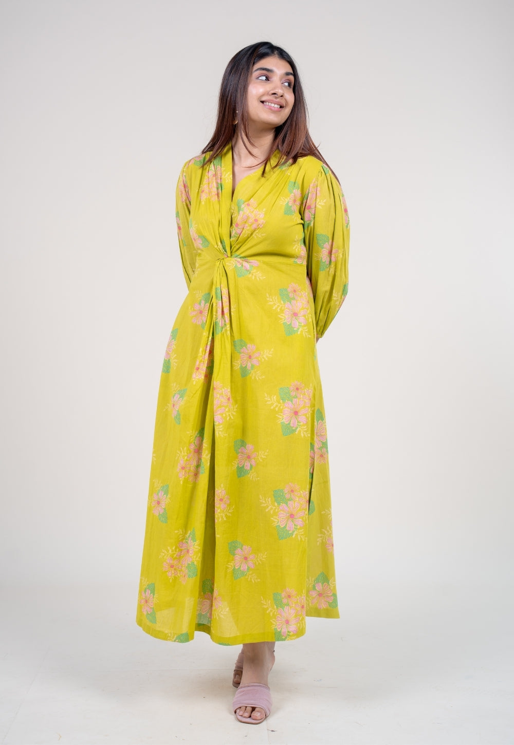 Payal Lime Green Printed Mul A Line Dress with Slip
