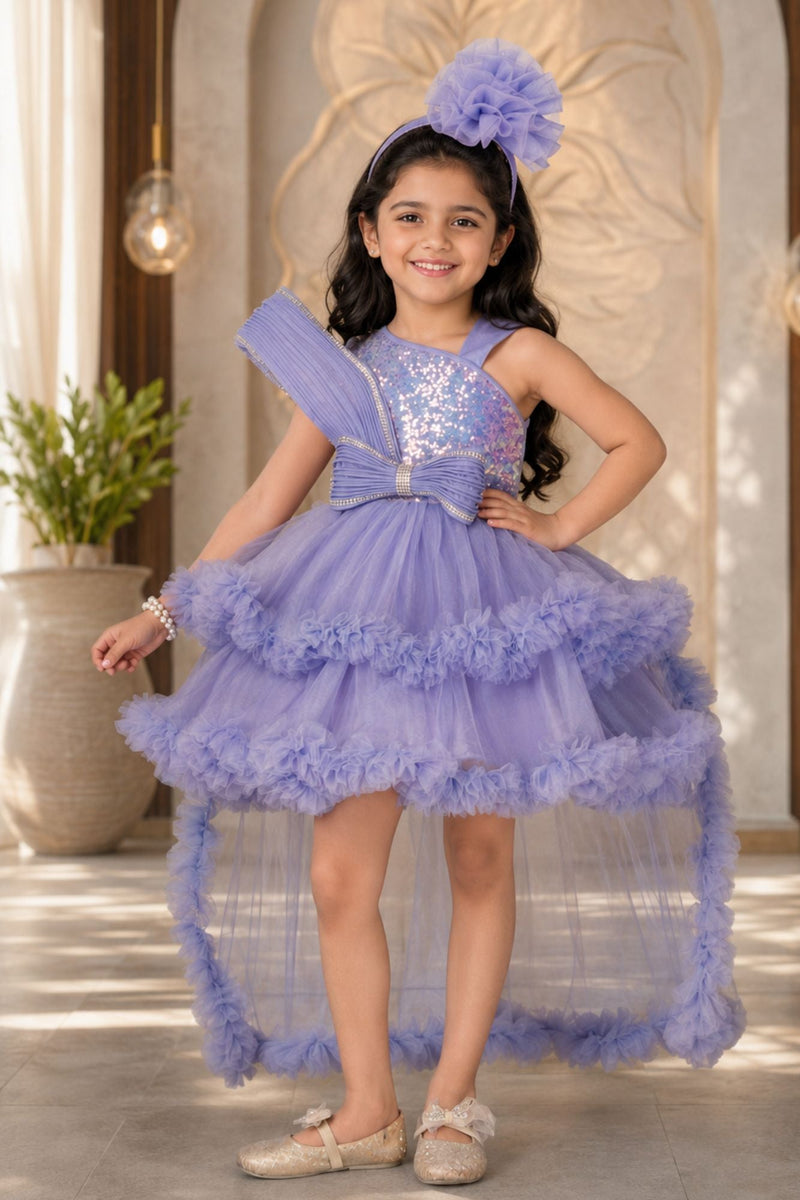 Lavender Party Wear Frock with Sequin Bodice & Ruffled Hemline For Girls