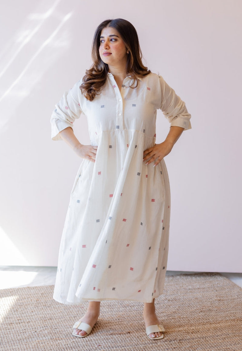 Rhea Off White Jamdani Handloom Cotton A Line Dress