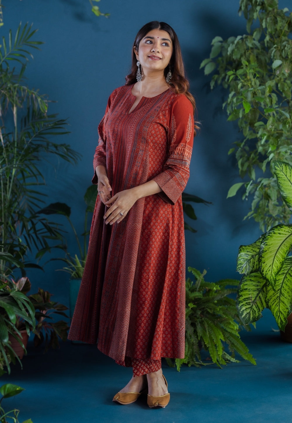 Pranika Red Ajrakh Cotton Kali Kurta with Hand Embroidery