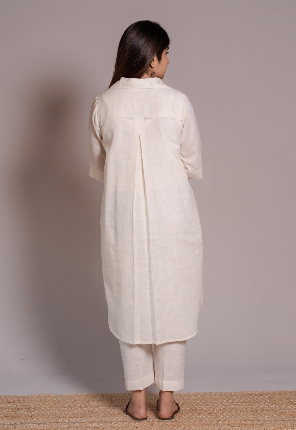 Off White Solid Slub Cotton Straight Co-Ord Set- DyeVerse