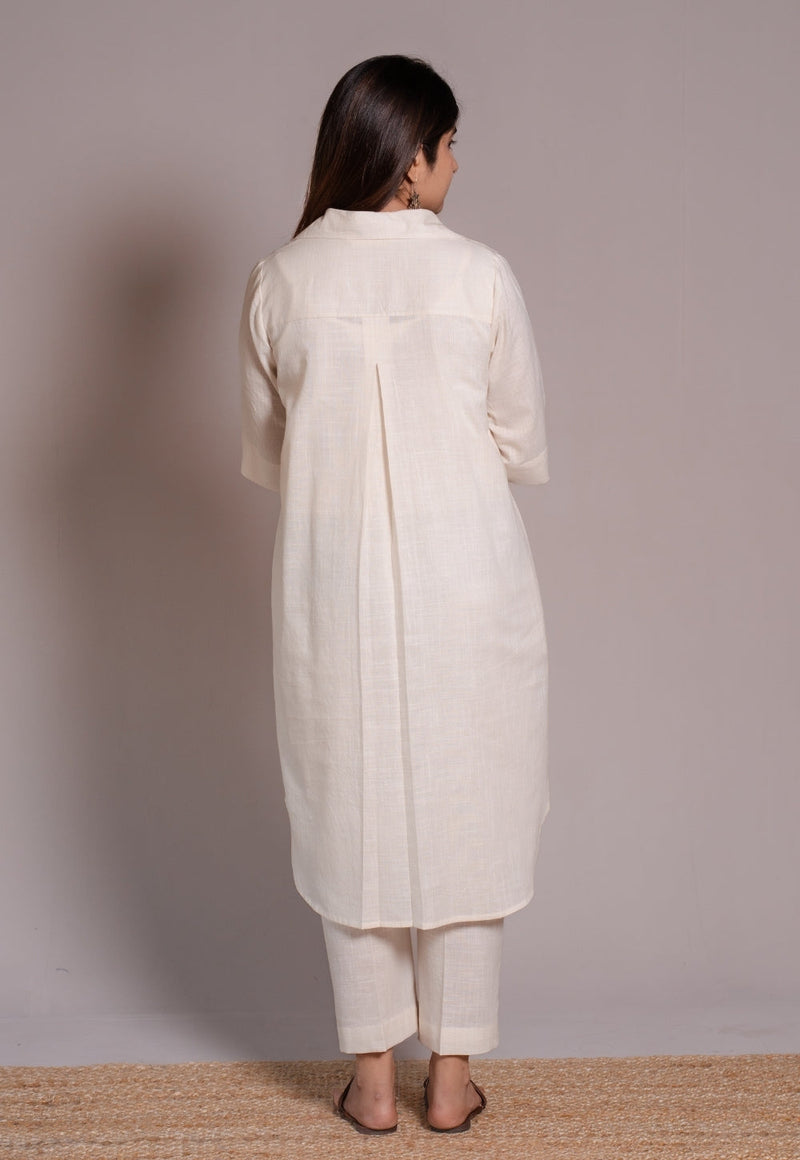 Off White Solid Slub Cotton Straight Co-Ord Set- DyeVerse