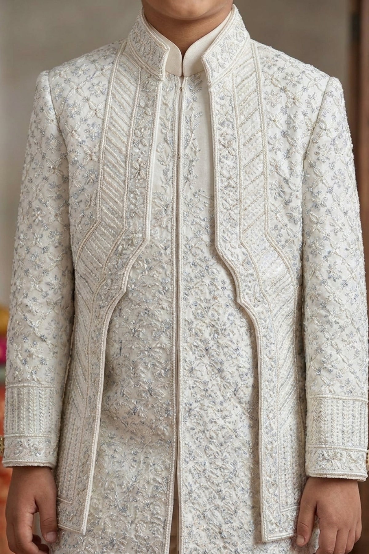 White Embroidered Indo Western Sherwani Set For Boys