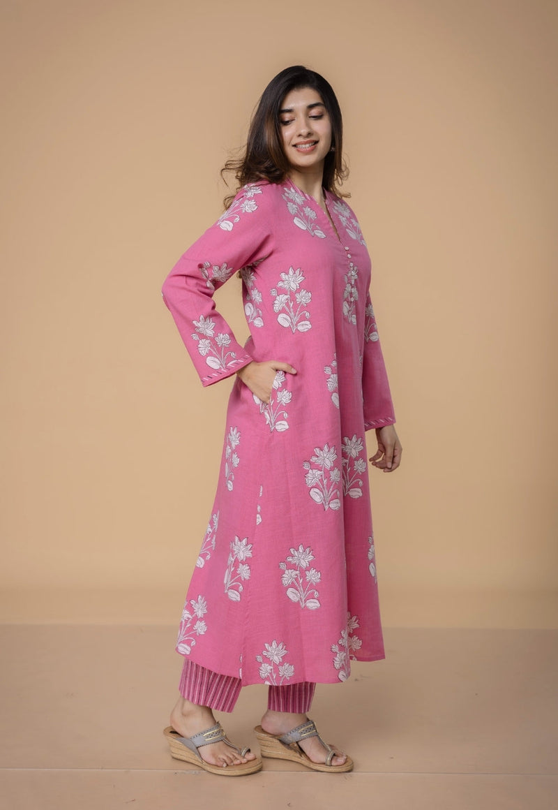 Eshika Pink Dabu Slub Cotton A Line Kurta