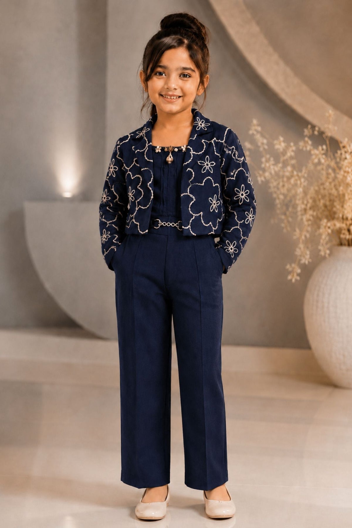 Navy Blue Embroidered Co-ord Set with Cropped Jacket For Girls