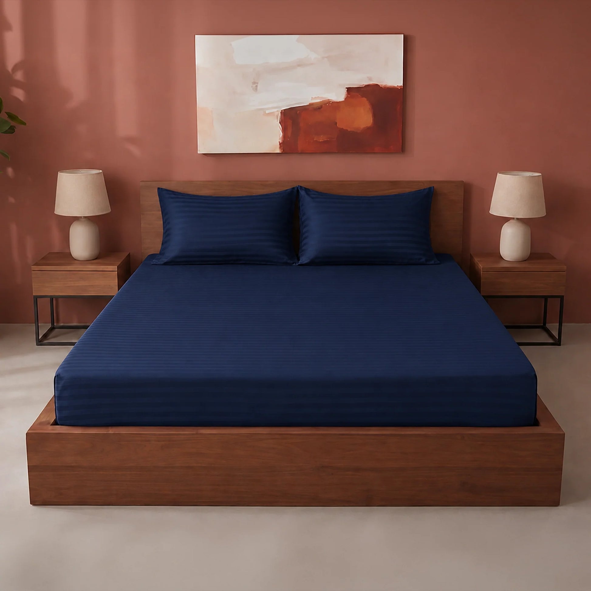Breton Drift - Satin Stripes Fitted Bedsheet (Dark Blue)-1