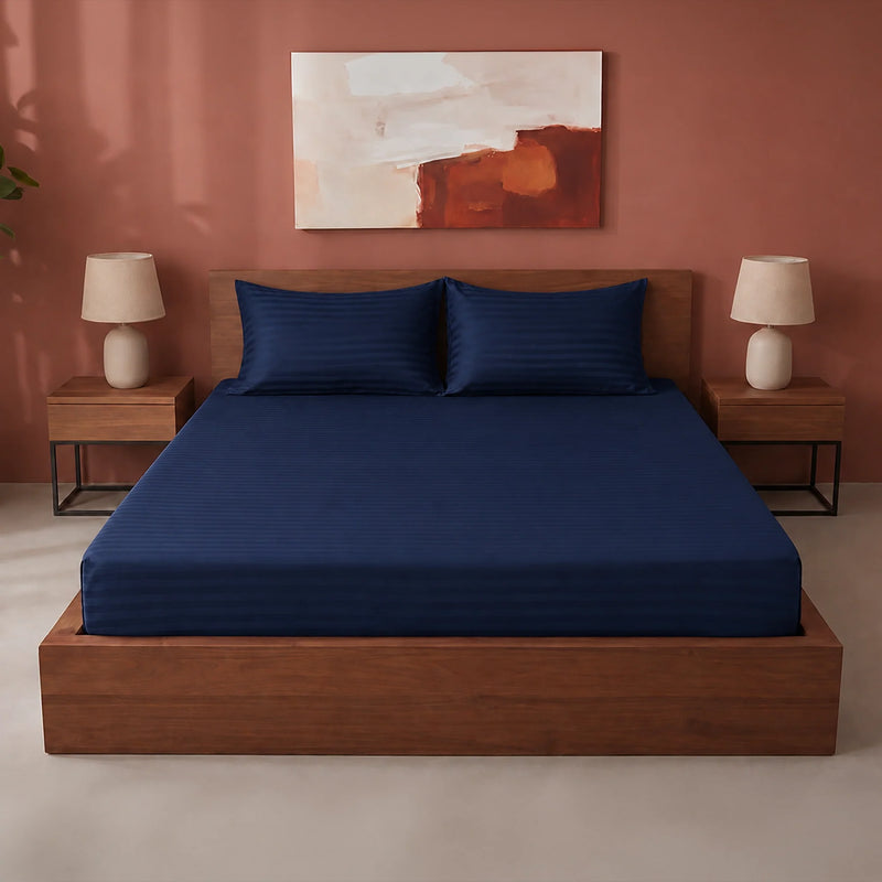 Breton Drift - Satin Stripes Fitted Bedsheet (Dark Blue)-1
