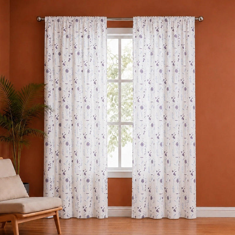 Blue & Purple Floral Flaux Rod Pocket Duck Curtain-1