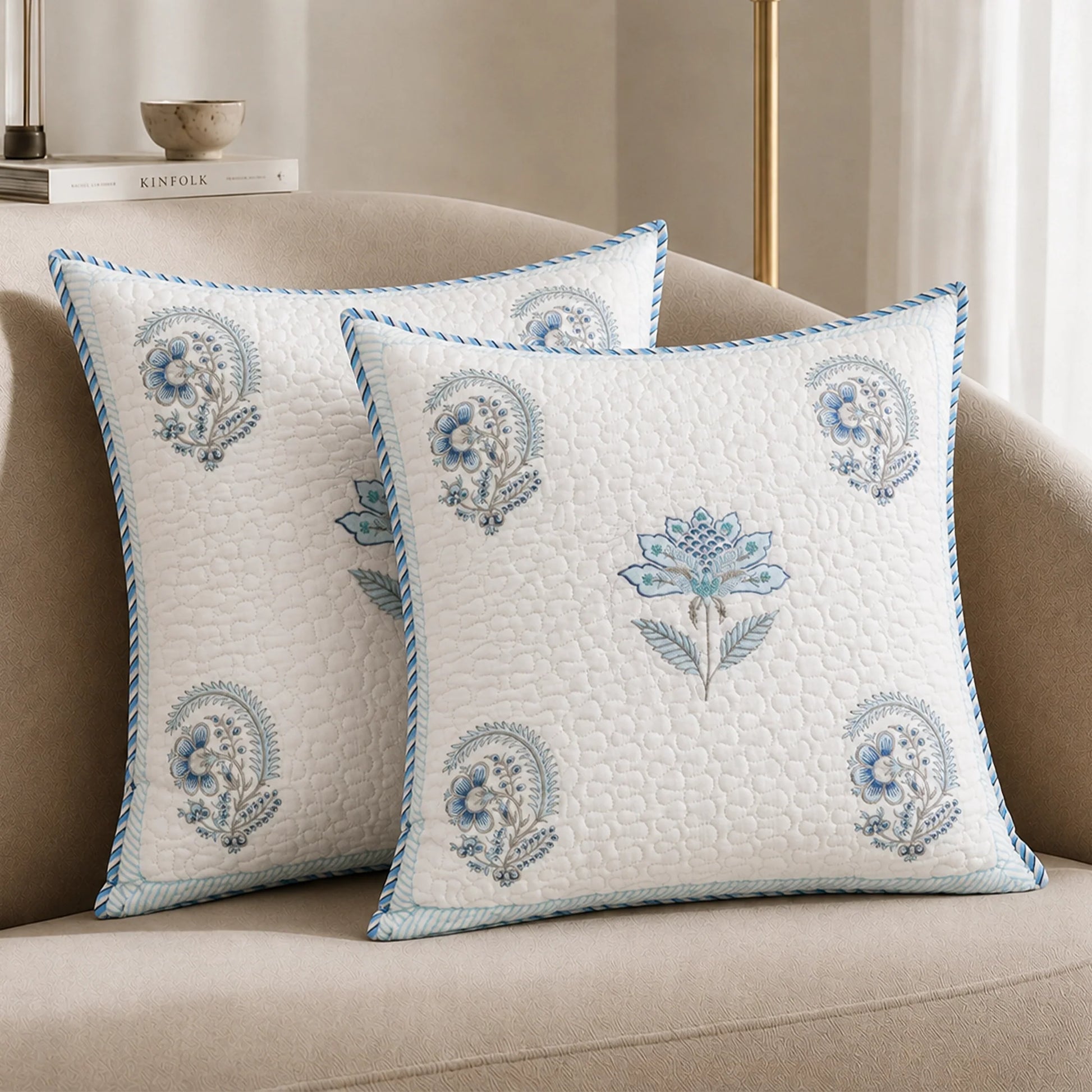 Ombre Tranquil - Hand Block Printed Quilted Cushion Cover (Baby Blue)-5