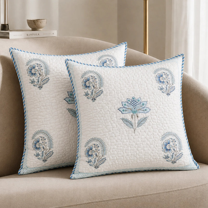 Ombre Tranquil - Hand Block Printed Quilted Cushion Cover (Baby Blue)-5