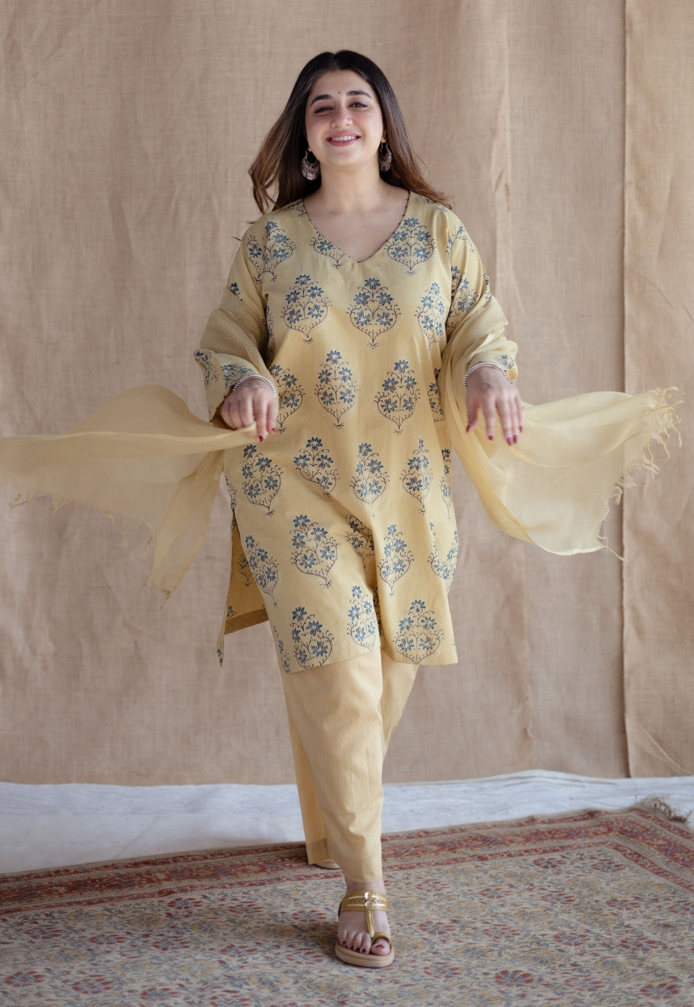 Kavya Yellow Ajrakh Cotton Straight Kurta with Hand Embroidery