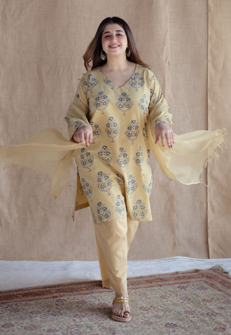 Kavya Yellow Ajrakh Cotton Straight Kurta with Hand Embroidery