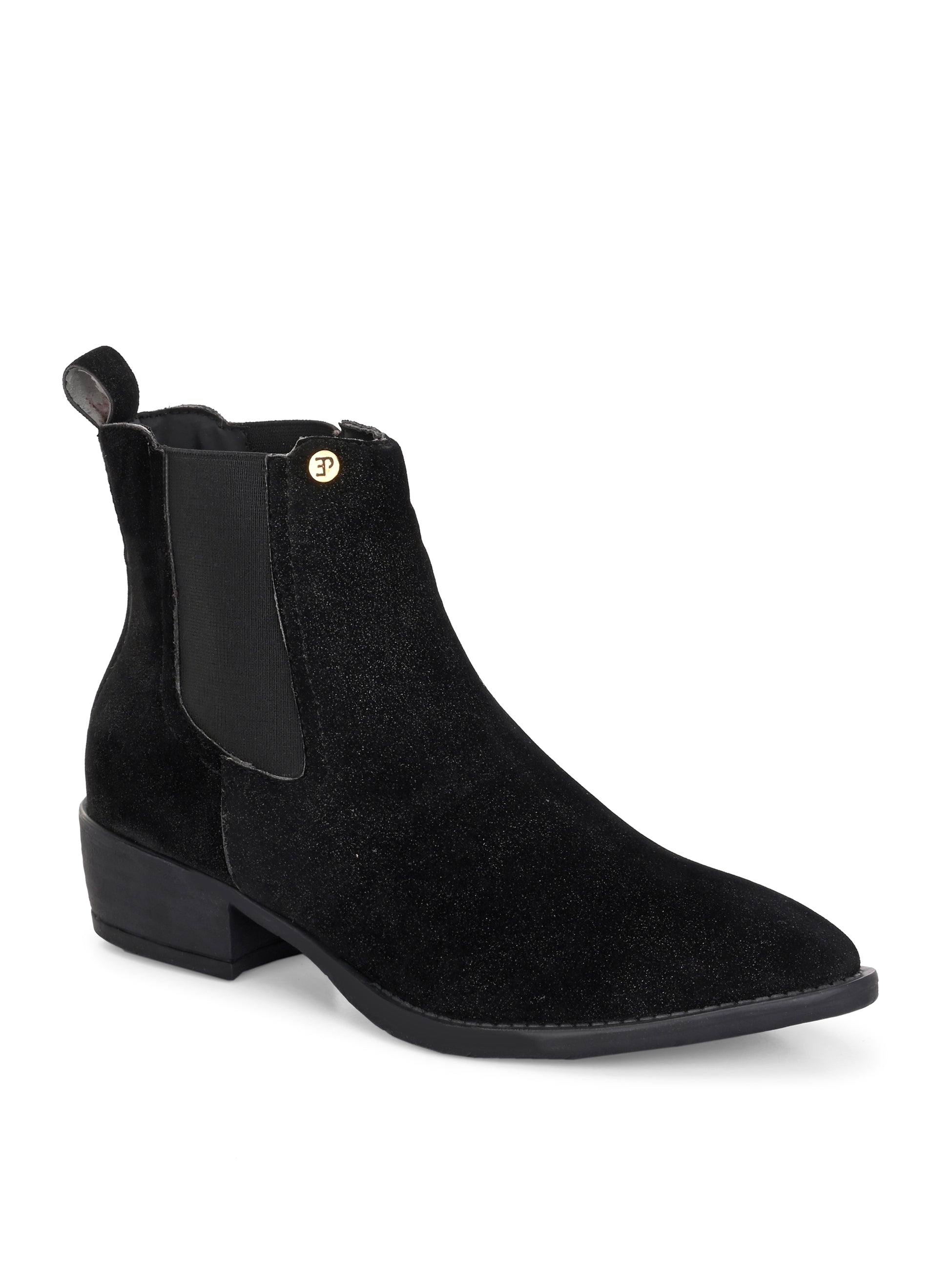 Charcoal suede slip-on boots with elastic side panels and a low block heel, featuring subtle gold detailing for a sleek, versatile look