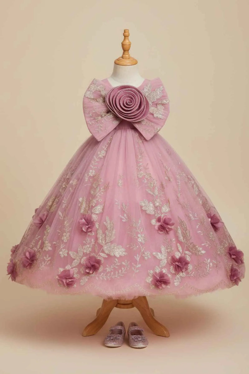 Pink Ball Gown with Oversized Rosette Bow & 3D Floral Appliqué For Girls