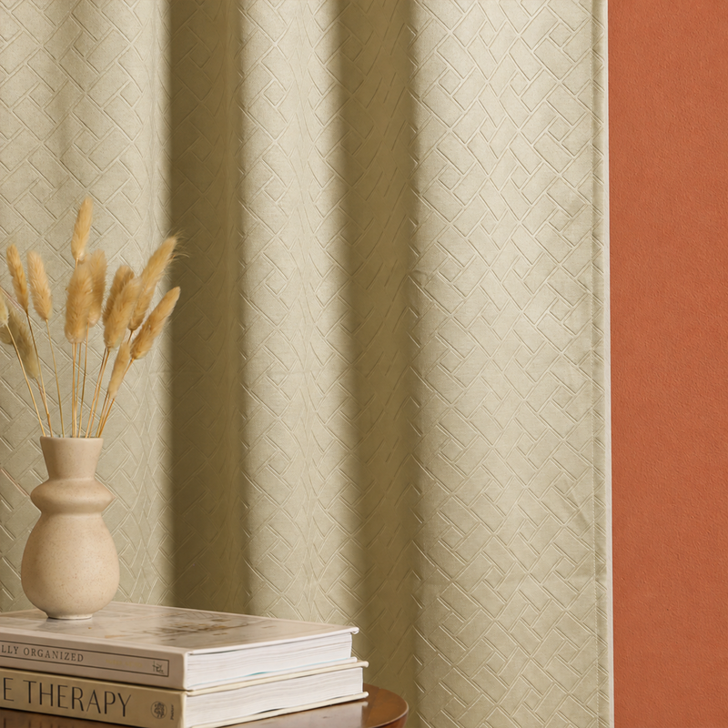 Beige Embossed Blackout Curtain (Brick Lace - Eyelet)-2