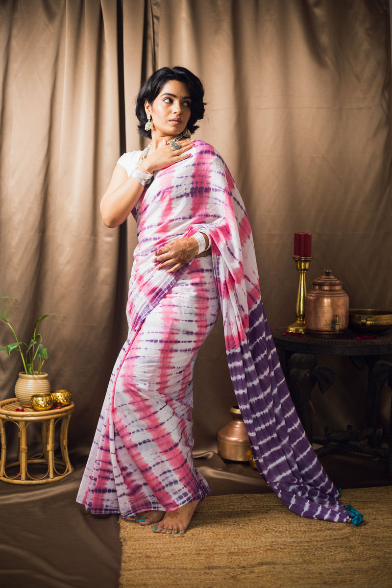 Cotton Mul Tie Dye Saree Berry Bloom-1