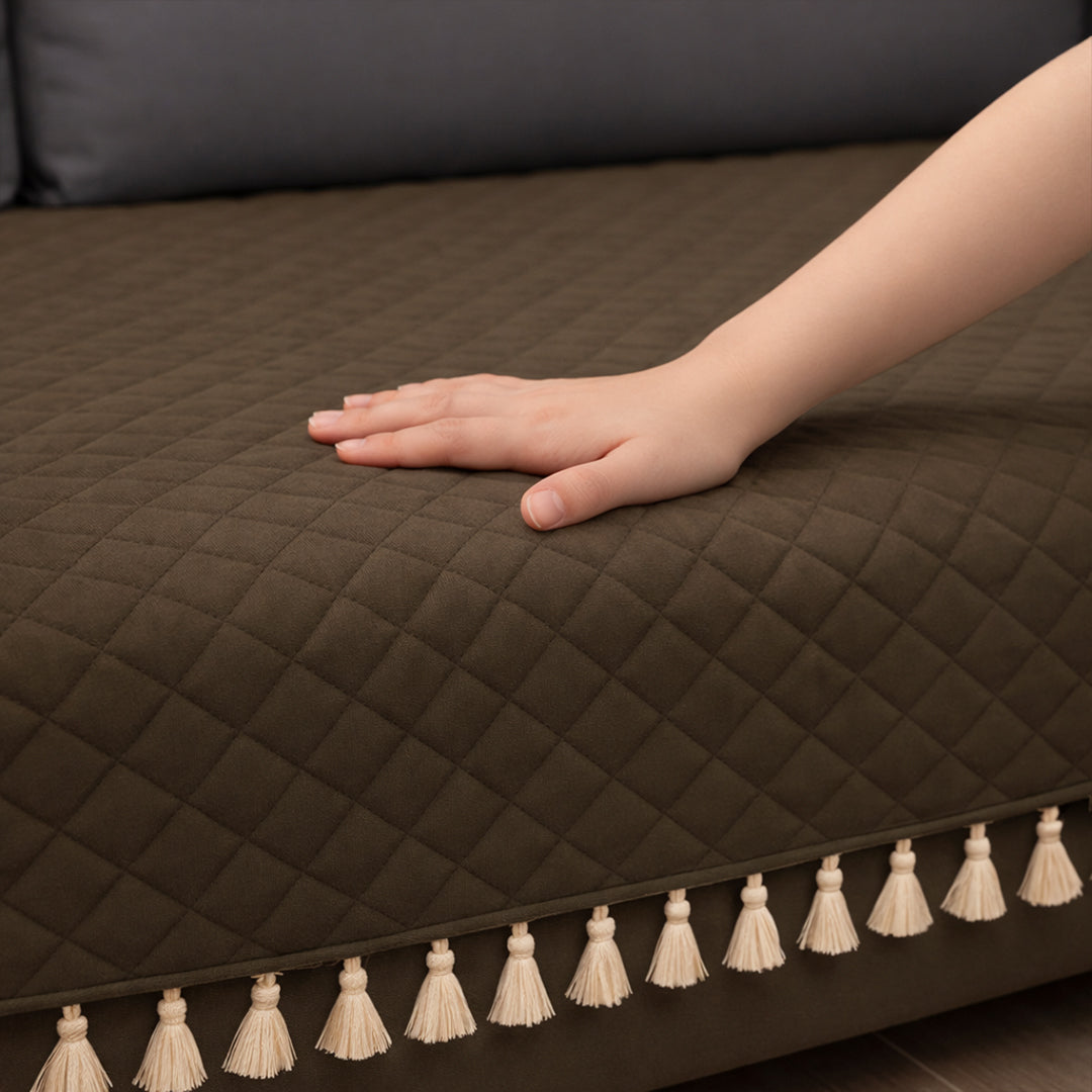 Quilted Velvet Sofa Cover with Tassels (Brown)-5