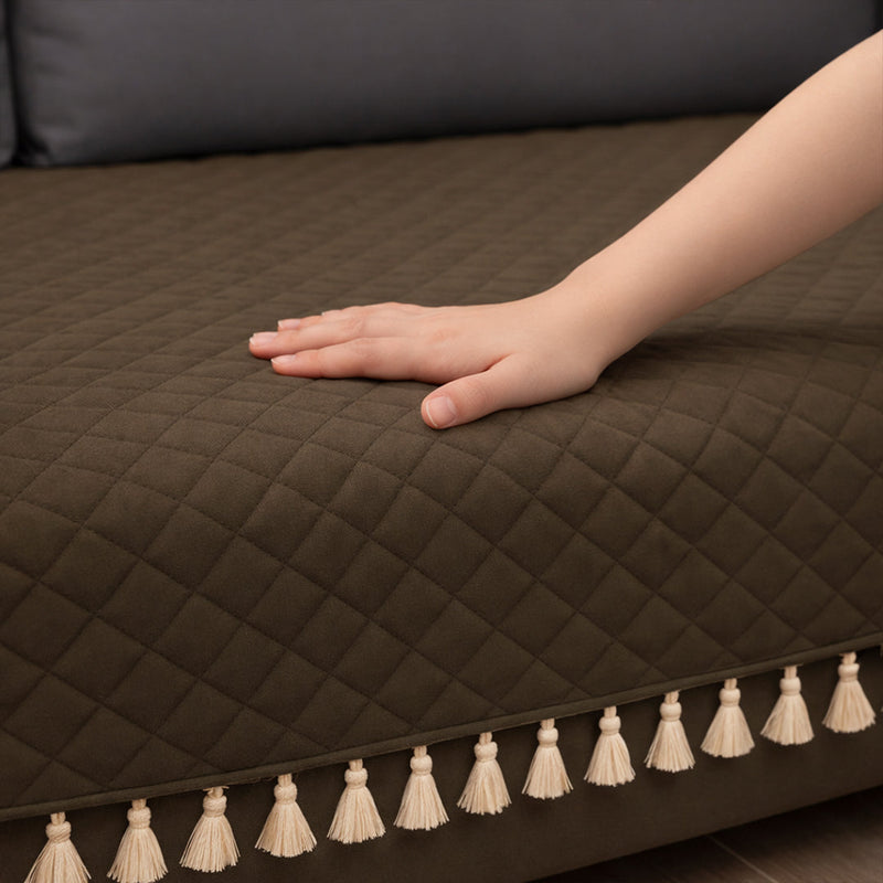Quilted Velvet Sofa Cover with Tassels (Brown)-5