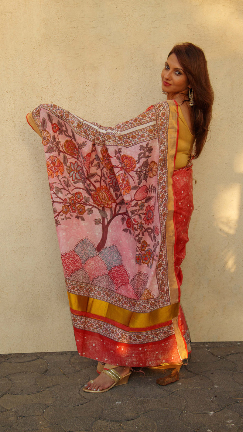 Cotton Kasavu Saree,Tree of Life Design • Coral-2