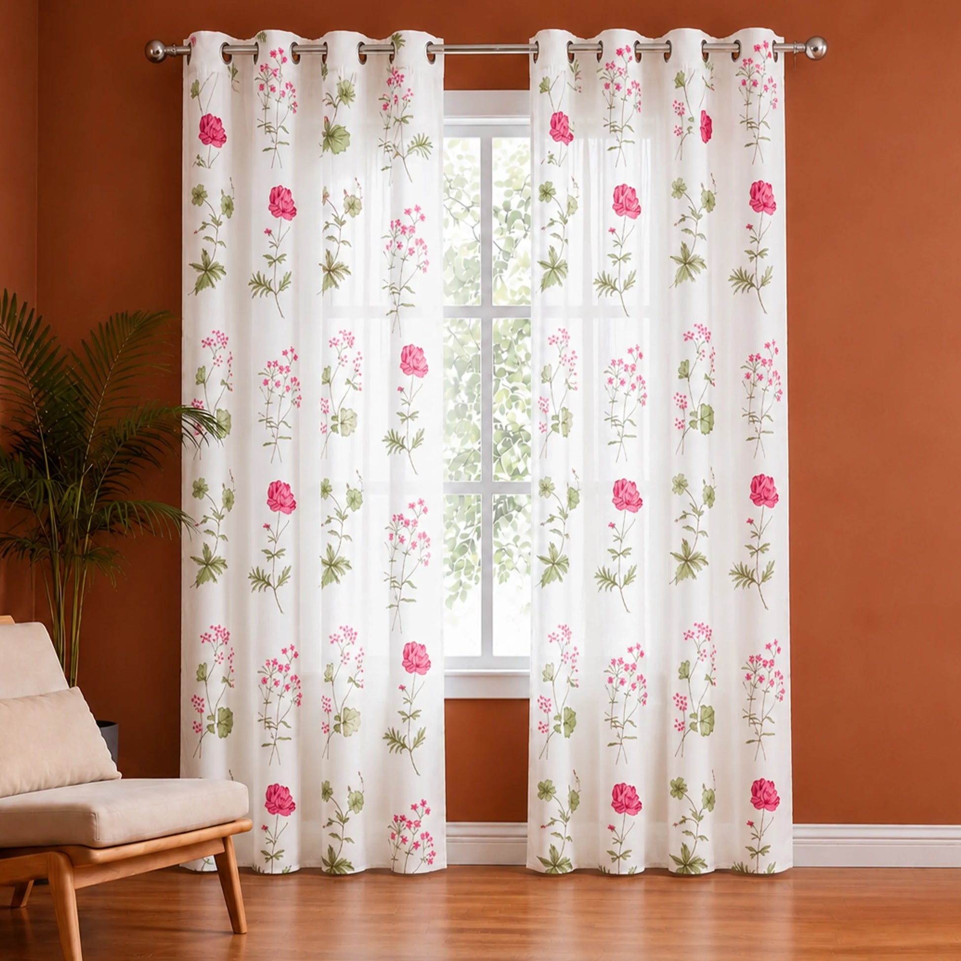 Pink Floral Printed Eyelet Duck Curtain-1
