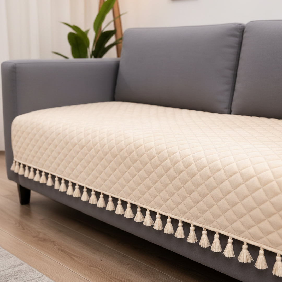 Quilted Velvet Sofa Cover with Tassels (Beige)-3